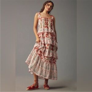 Anthropologie Floral Print Sleeveless Square-Neck Tiered Midi Dress Small New